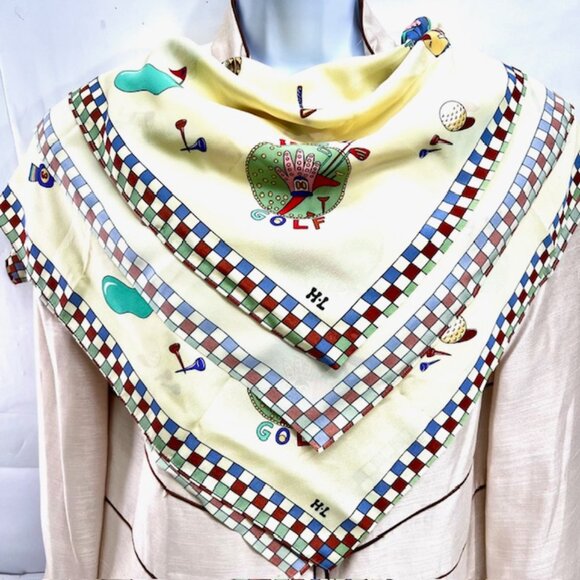H L Furoshiki Accessories - (2) Japanese H L  Furoshiki SILK Scarf 29"x29" light yellow  red blue golf  (38)